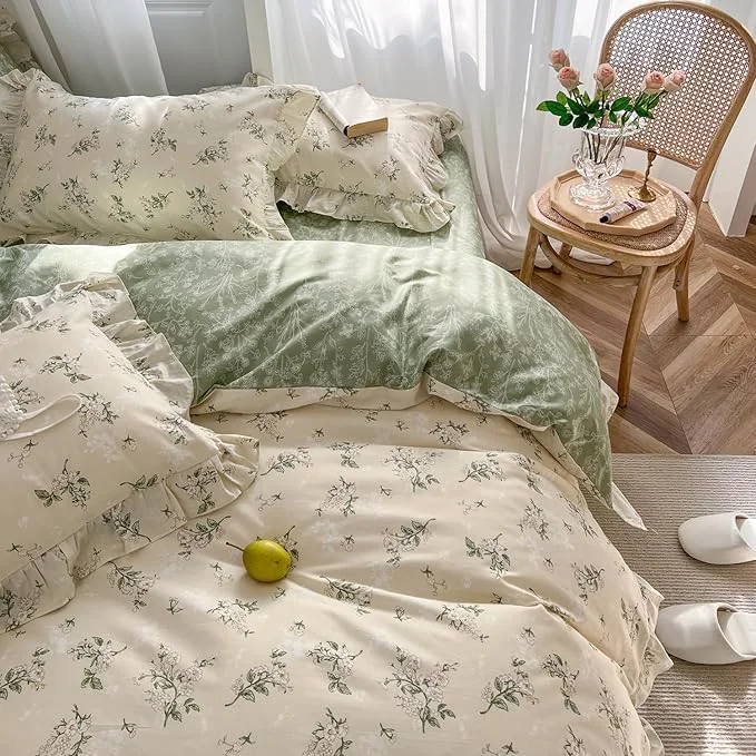 World-Class MKXI Botanical Floral Duvet Cover Twin Beige Girls Floral Ruffled Bedding Set Superior