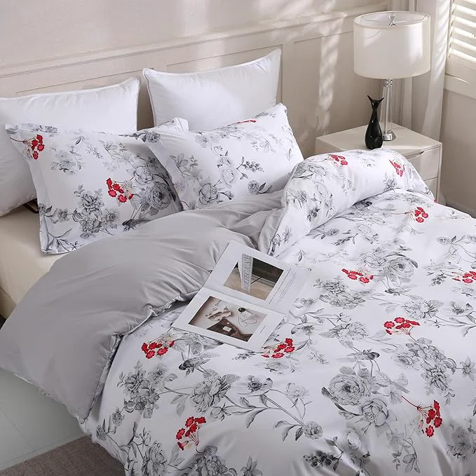 Reusable LONAVA Queen Flower 3 Pcs Duvet Cover Set Breathable Soft Microfiber White Organic