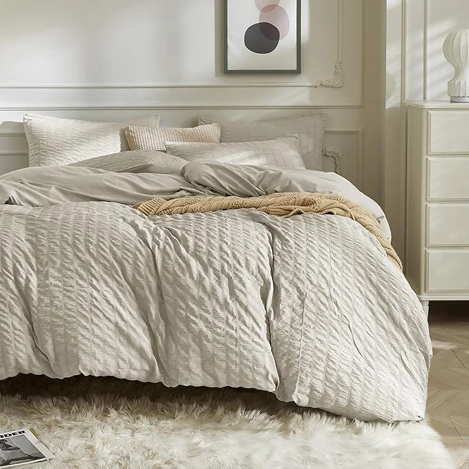 Functional JELLYMONI Beige Duvet Cover Queen Size Soft Breathable Seersucker Duvet Cover Professional