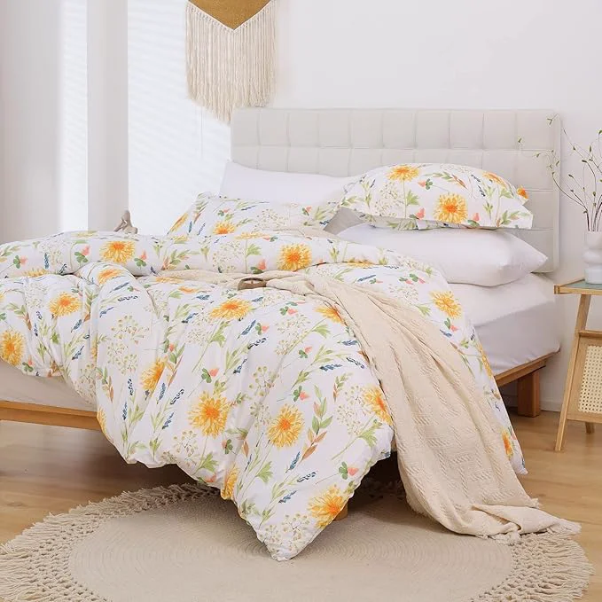 Easy-to-Use JSD Yellow Floral Duvet Cover Set King Size 3 Piece Spring Printed Microfiber Consistent