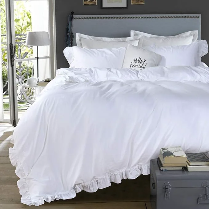 Consistent Queen’s House White Ruffle Twin Duvet Cover Washed Cotton Shabby Boho Chic User-Friendly