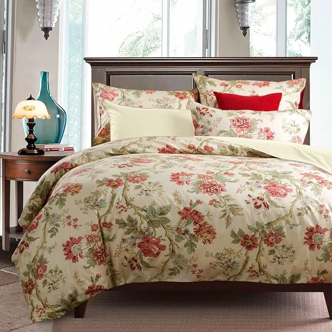 Optimized mixinni Red Floral Duvet Cover Queen Green Leaves Pattern Bedding Duvet Cover Reusable