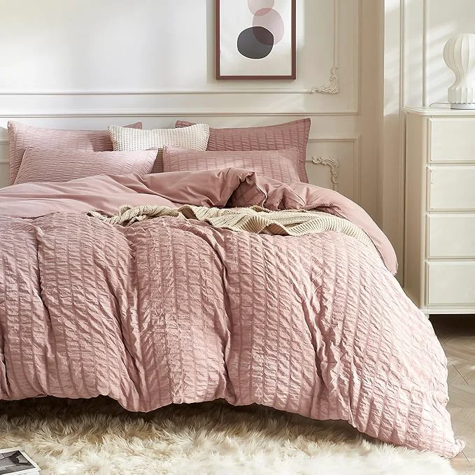 Easy-to-Use JELLYMONI Smokey Pink Duvet Cover Twin Size Soft Breathable Seersucker Duvet Functional