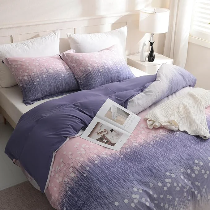 Traditional LONAVA Queen Patchwork 3 Pcs Duvet Cover Set Breathable Soft Microfiber Purple Fast