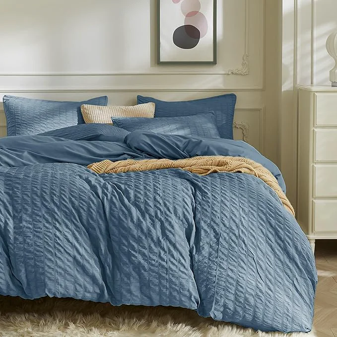 Trusted JELLYMONI Sierra Blue Duvet Cover Queen Size Soft Breathable Seersucker Duvet Excellent