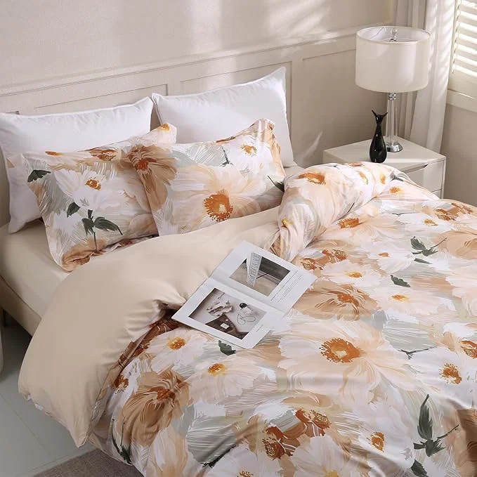 Comfortable LONAVA King Flower 3 Pcs Duvet Cover Set Breathable Soft Microfiber Biege Refined