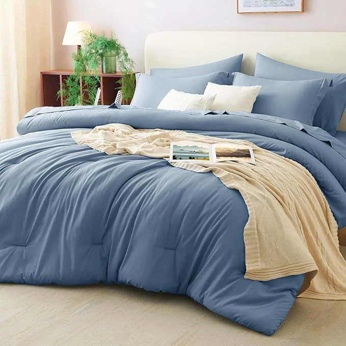 Optimized CozyLux Queen Comforter Set Grayish Blue 7 Pieces Bed in a Bag Queen Comforter Practical