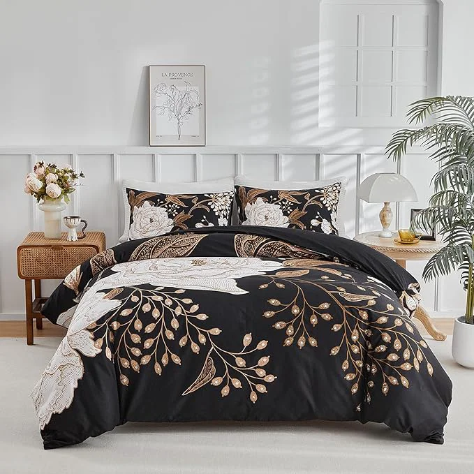 User-Friendly mixinni Floral Duvet Cover Queen Size 3 Pieces White Flowers and Gold Leaves Green