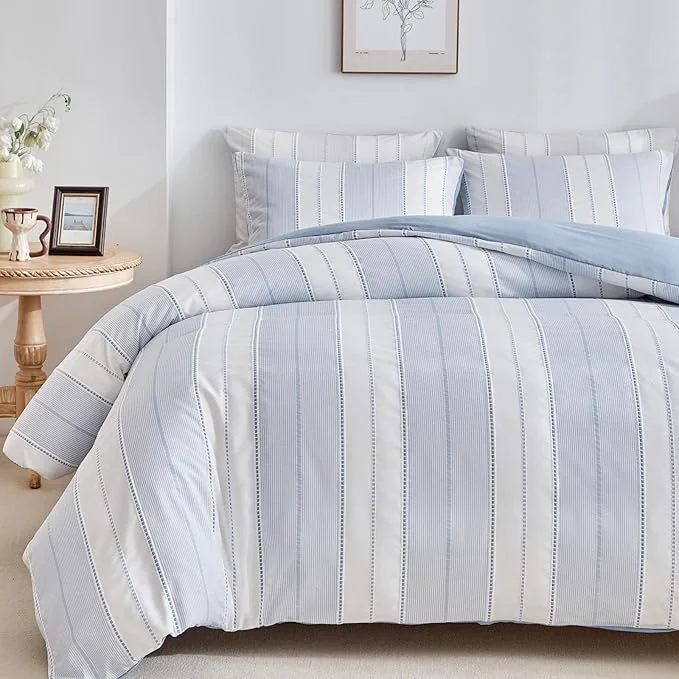 Detailed WARMDERN Blue Striped Weave Duvet Cover King Size Microfiber Textured Bedding Sustainable