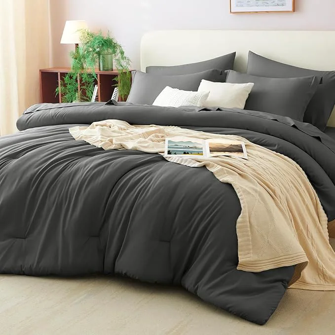 Premium Material CozyLux California King Comforter Set Dark Grey 7 Pieces Cal King Bed in a Bag Functional