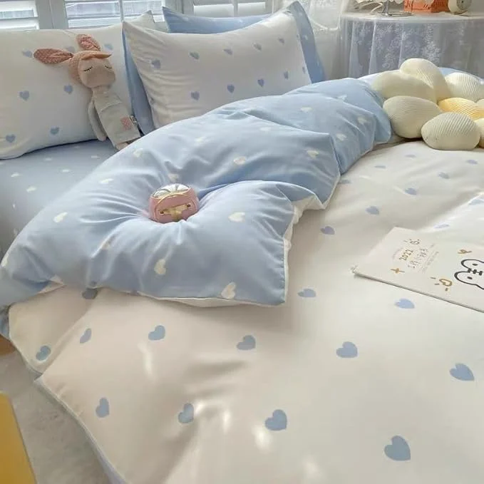 Certified BOLINLIVING Cute Duvet Cover Twin Size Reversible Light Blue White Heart High-Quality