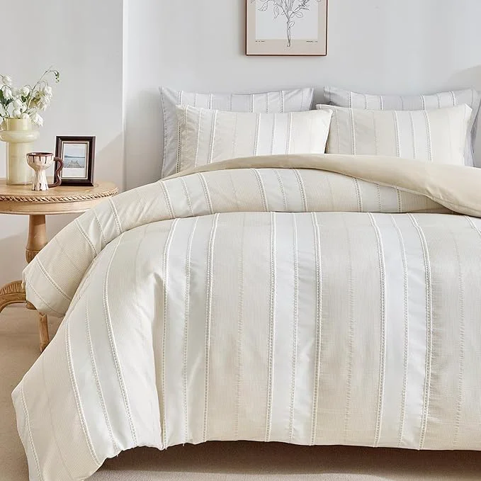 Consistent WARMDERN Khaki Striped Weave Duvet Cover Twin Size Microfiber Textured Bedding Specialty