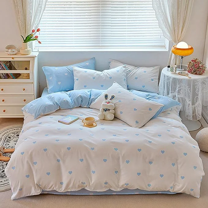Minimalist BOLINLIVING Cute Duvet Cover King Size Reversible Light Blue White Heart Prestigious