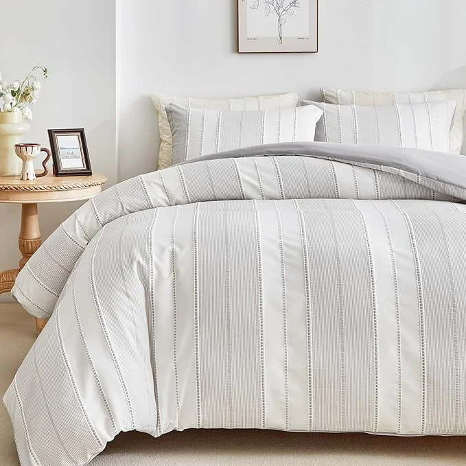 Exclusive WARMDERN Light Grey Striped Weave Duvet Cover Twin Size Microfiber Textured Soft