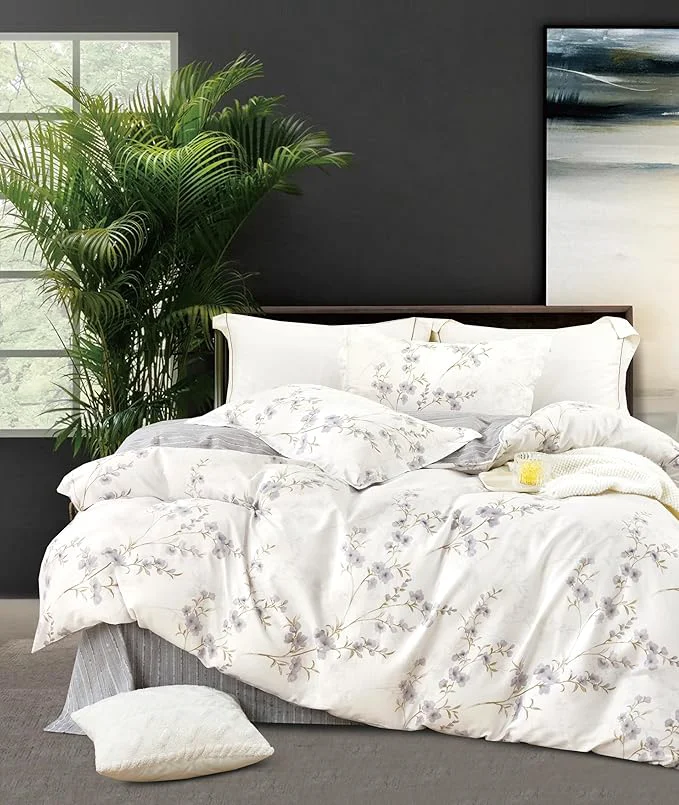 Breathable SLEEPBELLA Reversible Duvet Cover King Elegant Purple Blossom on White Natural