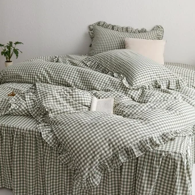 Expertly Made MKXI Sage Green Gingham Duvet Cover Twin XL 3-Piece Ruffled Bedding Set High-Quality