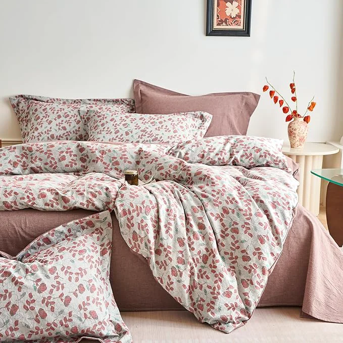 Top-Quality mixinni Washed Cotton Duvet Cover Set Reversible Vintage Floral Jacquard Eco-Friendly