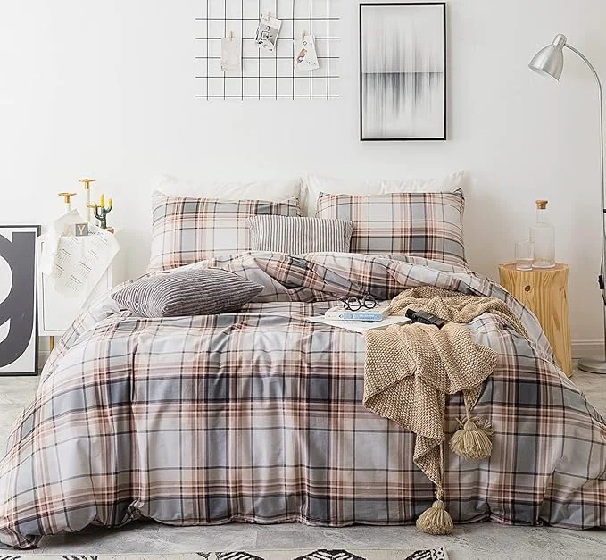 Top-Quality SUSYBAO Brown Tartan Duvet Covr King Cotton 3 Pcs Set 1 Khaki Buffalo Premium Material