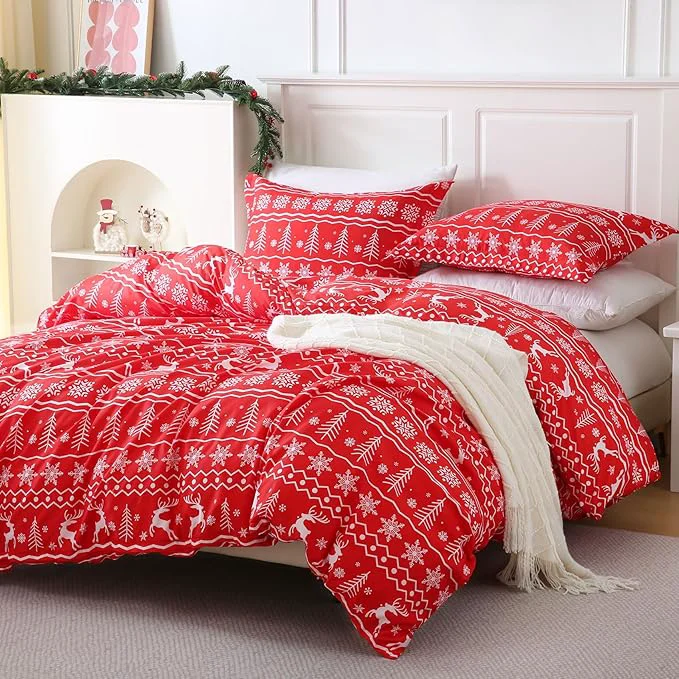 Traditional JSD Red Christmas Duvet Cover Set Queen Size 3 Piece Snowflakes Reindeer Original Design