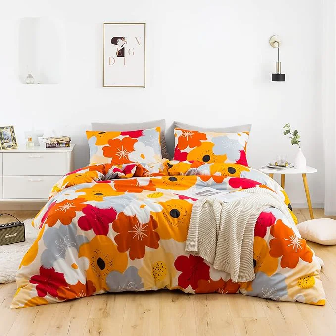Pure SUSYBAO Floral Duvet Cover Queen Cotton Burnt Orange Flower Duvet Cover 3 Functional