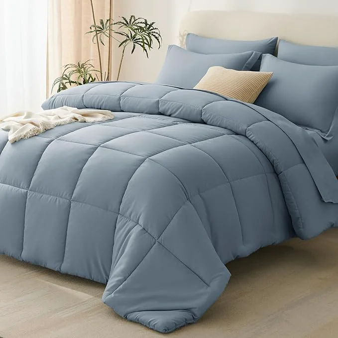 Trusted CozyLux Oversized Queen Comforter Sets Grayish Blue 7 Pieces Bed in a Bag Genuine