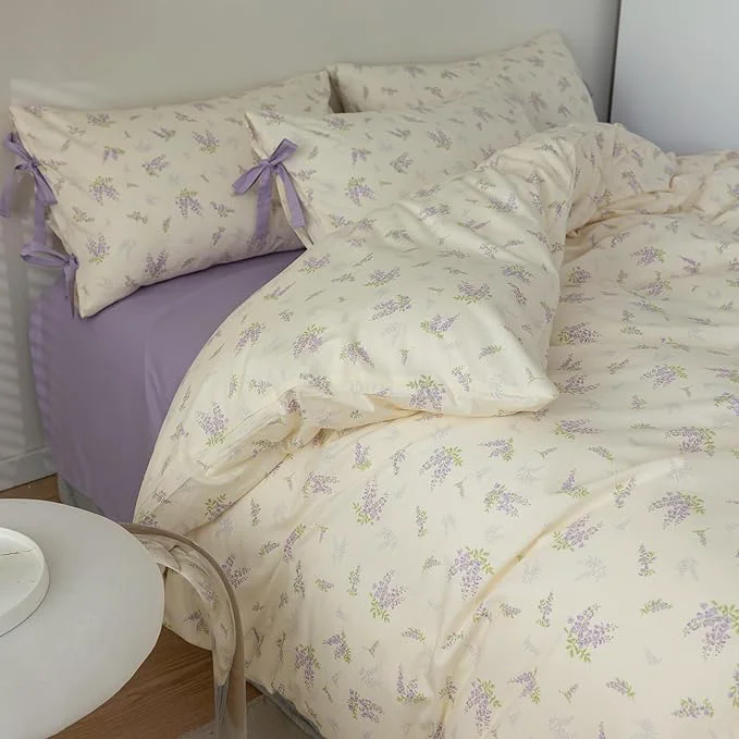 Top-Quality mixinni Cotton Purple Floral Duvet Cover Twin Size Soft Cottage Ribbon Bedding Premium