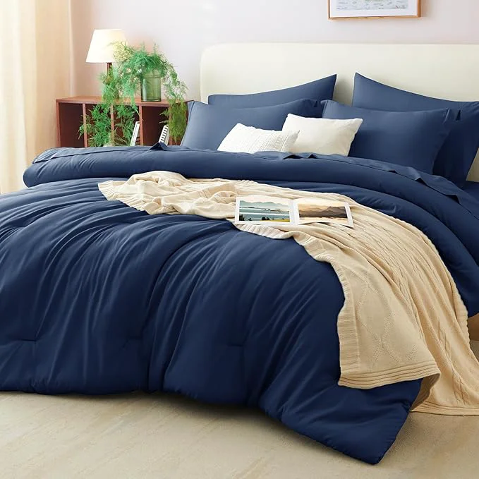 Versatile CozyLux Queen Comforter Set Navy Blue 7 Pieces Bed in a Bag Queen Comforter Set Selected