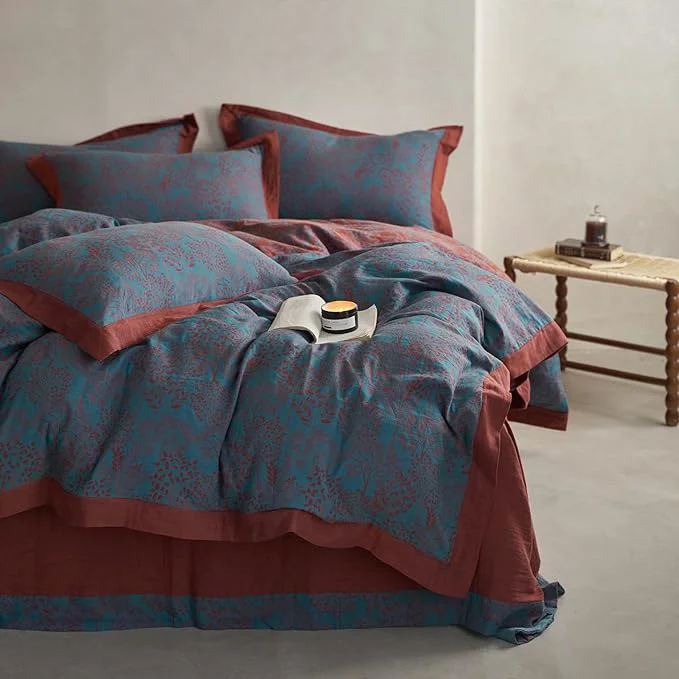High-Performance mixinni Muslin Cotton Vintage Blue Floral Duvet Cover Queen Size 3pcs Yarn Dyed Enhanced