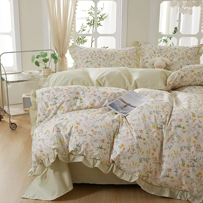 Breathable mixinni Cotton Duvet Cover Set King Reversible Spring Floral Ruffle Green Responsible