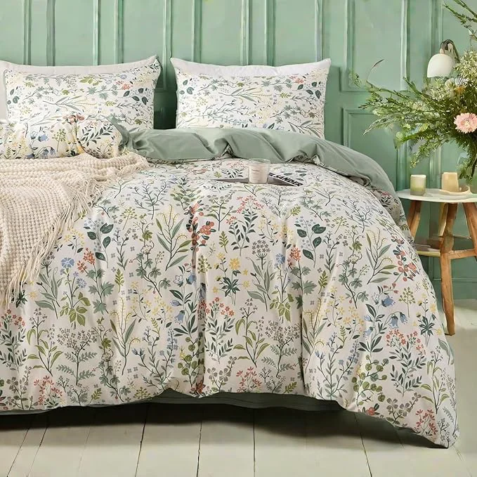 Efficient MKXI Queen Size Wildflower Duvet Cover Set Sage Green Spring Floral Bedding Set Clean
