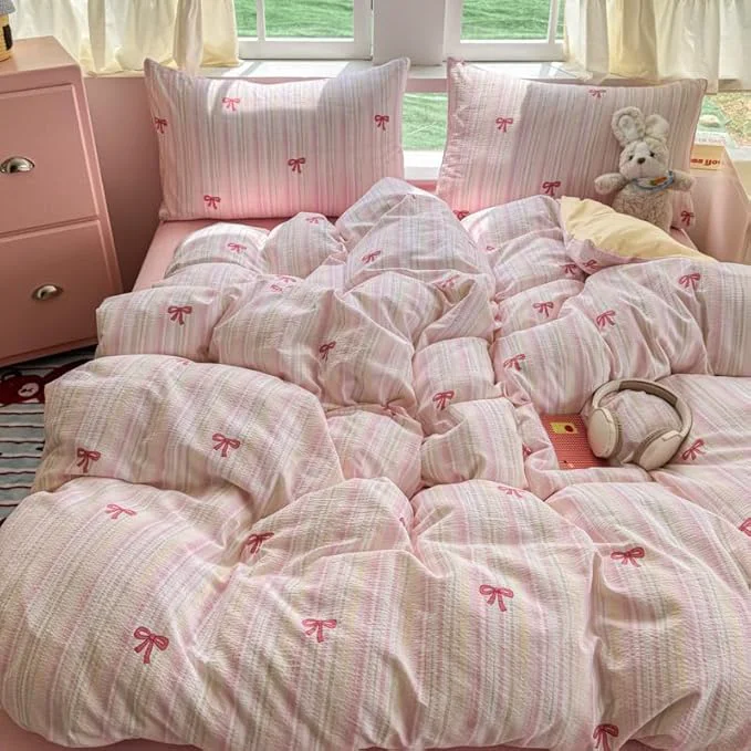 Premium BOLINLIVING Pink Bow Duvet Cover King Size Girls Cute Striped Bowknot Yellow Expertly Made