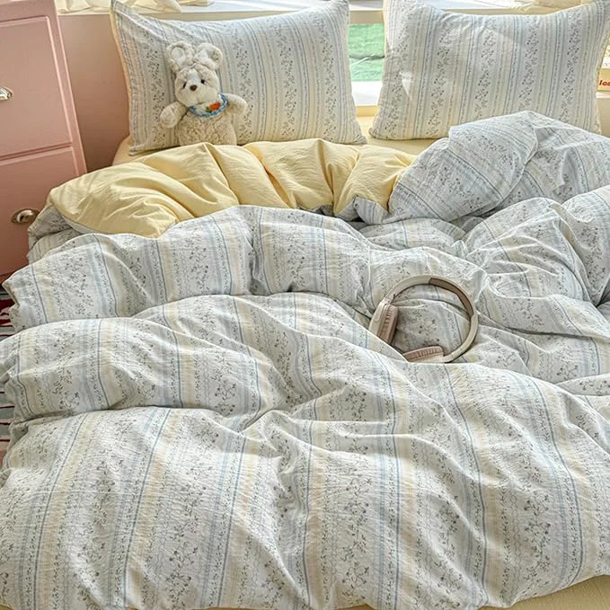 Fine Crafted BOLINLIVING Vintage Floral Duvet Cover Full Size Reversible Blue Striped Pure