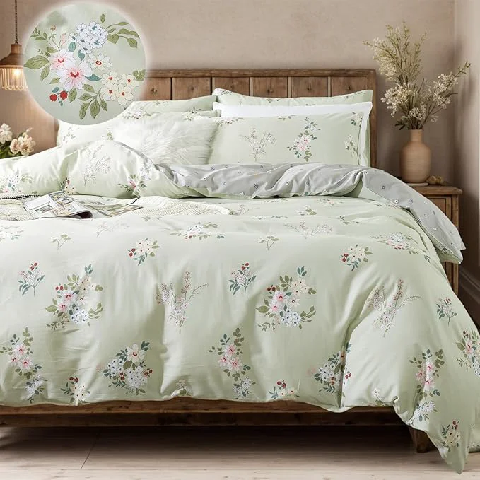 Durable FADFAY Floral Duvet Cover Set Queen Cotton Sage Green Comforter Set Practical