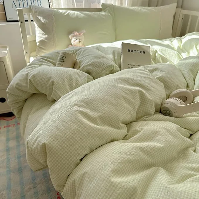Elegant MKXI Mint Green Gingham Duvet Cover Set Queen Optimized