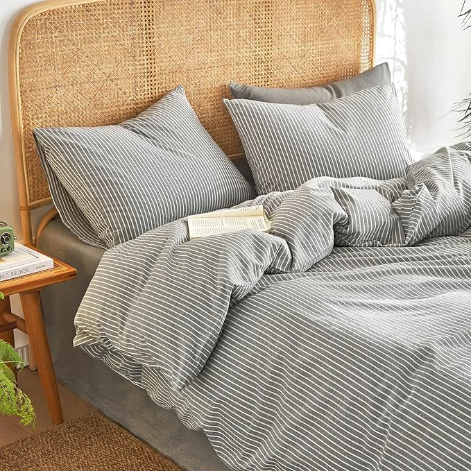 Luxury Wake In Cloud – Striped Cotton Duvet Cover Set Washed Cotton Textured Modern