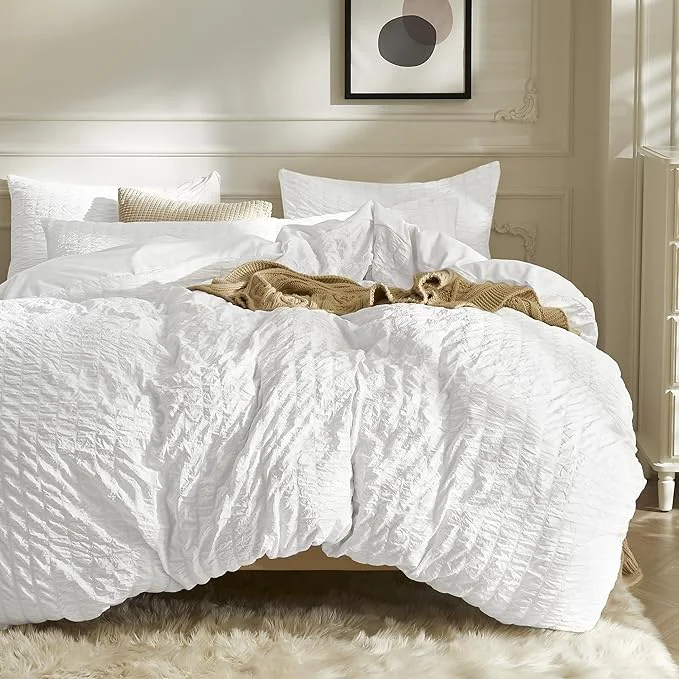 Prestigious JELLYMONI Bright White Duvet Cover Queen Size Soft Breathable Seersucker Duvet High-Quality