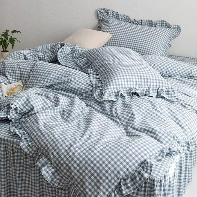 Prestigious MKXI Blue and White Gingham Duvet Cover Twin XL Size 3-Piece Bedding Set Green