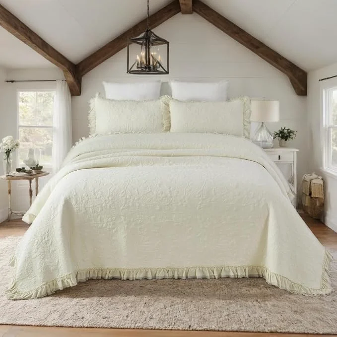 Refined Brandream Cream Yellow White Quilt Set Queen Size Cotton Matelasse Bedding Green