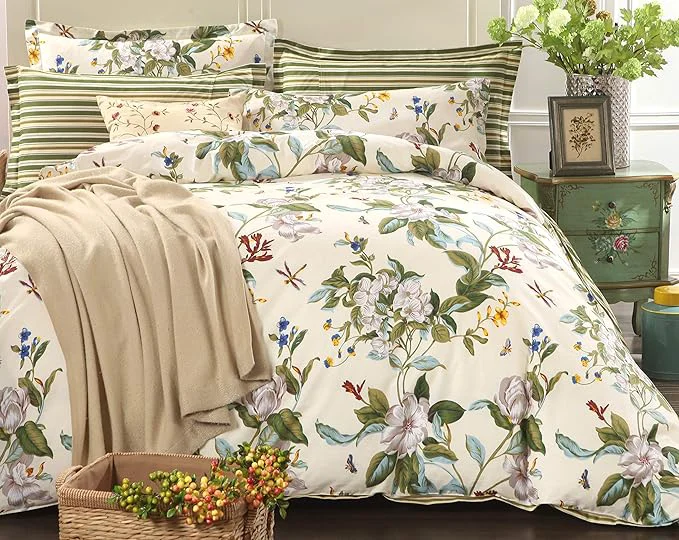 Convenient FADFAY Floral Duvet Cover Set Cotton Green and Beige Striped Shabby Flower Versatile
