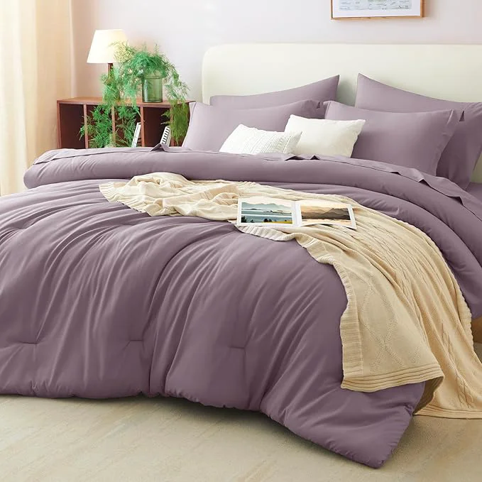Trendy CozyLux King Size Comforter Set Dusty Purple 7 Pieces Bed in a Bag King Versatile