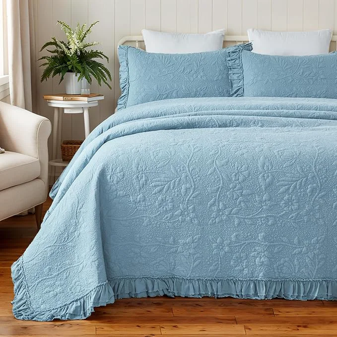 Certified Brandream Luxury Cotton Quilt Set Queen Size Blue Floral Vine Matelasse Carefully Designed