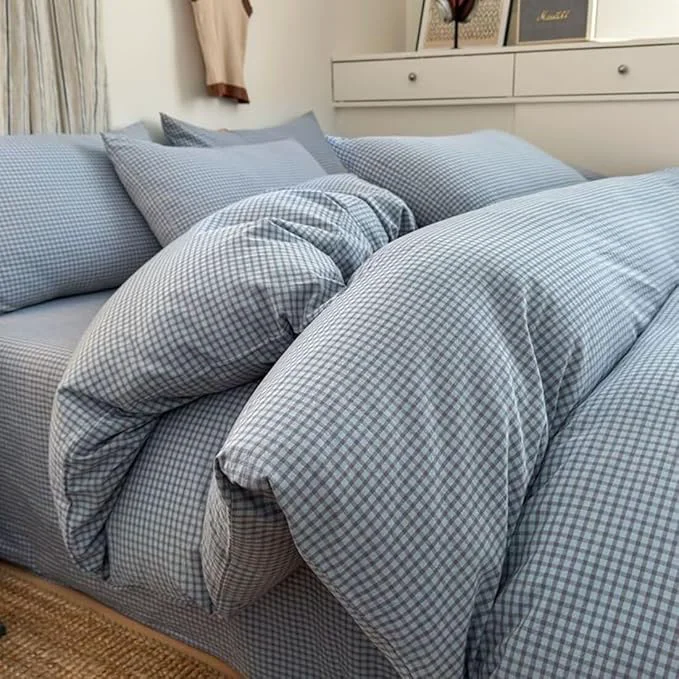 Dependable PinkMemory Blue Gingham Duvet Cover Bedding Set King Washed Cotton Blue Sophisticated