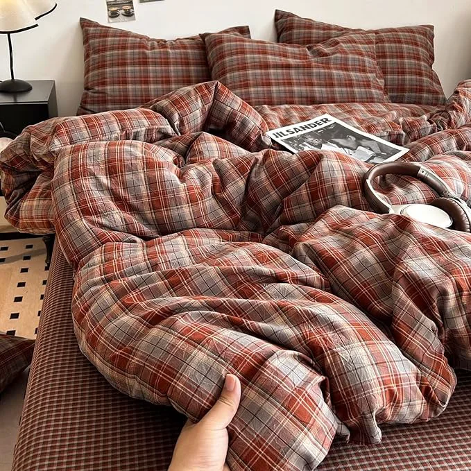 Expertly Made PinkMemory Caramel Blue Gingham Duvet Cover King Washed Cotton Buffalo Organic
