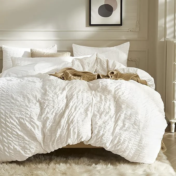 Efficient JELLYMONI White Duvet Cover Twin Size Soft Breathable Seersucker Duvet Cover Exceptional