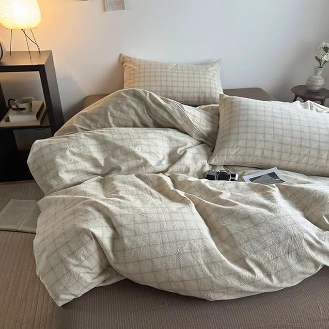 Original PinkMemory Beige Gingham Duvet Cover Bedding King Washed Cotton Vintage Selected