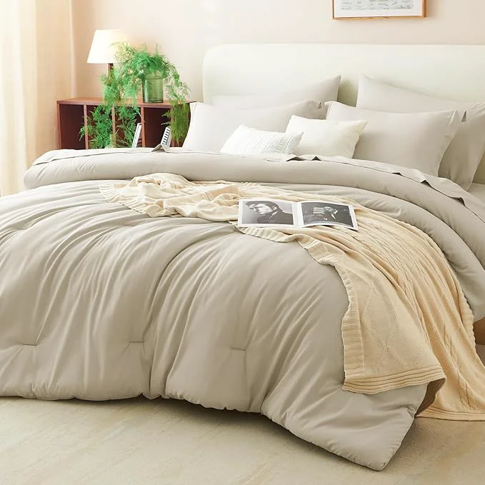 Comfortable CozyLux King Size Comforter Set Oatmeal 7 Pieces Bed in a Bag King Comforter Soft