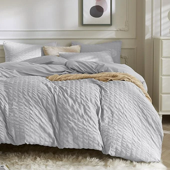 Easy-to-Use JELLYMONI Light Grey Duvet Cover Twin Size Soft Breathable Seersucker Duvet Detailed