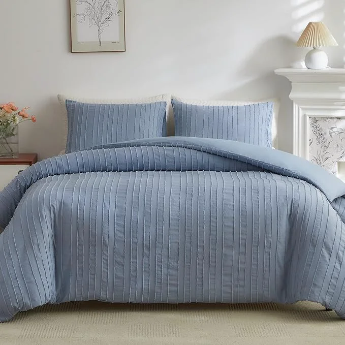 Exclusive WARMDERN Blue Boho Duvet Cover Set Full Size Striped Textured Duvet Cover Pure