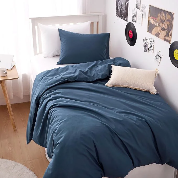 Detailed Wake In Cloud – Cotton Duvet Cover Set Twin Size Dark Navy Blue Washed Reusable