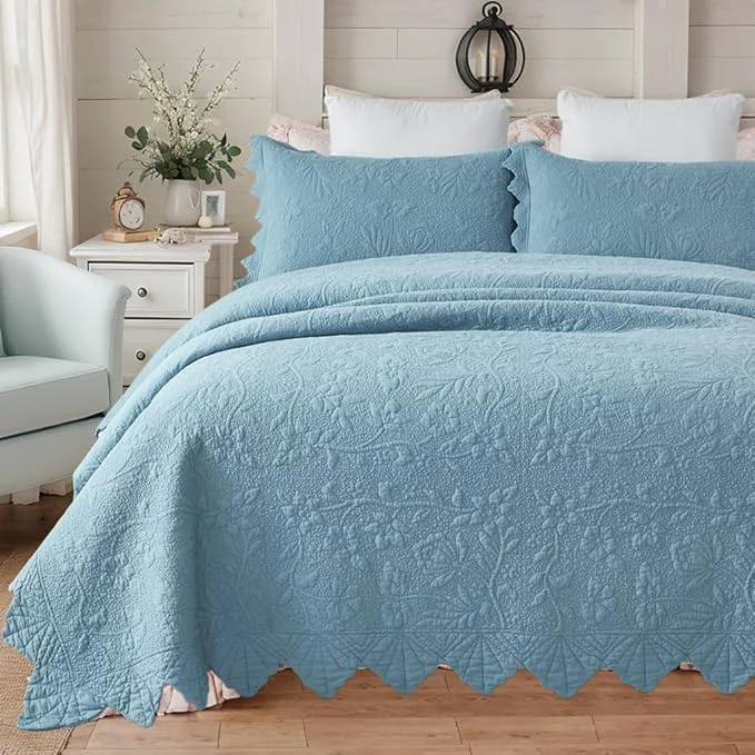 Genuine Brandream Luxury Cotton Quilt Set Queen Size Blue Floral Vine Matelasse Modern